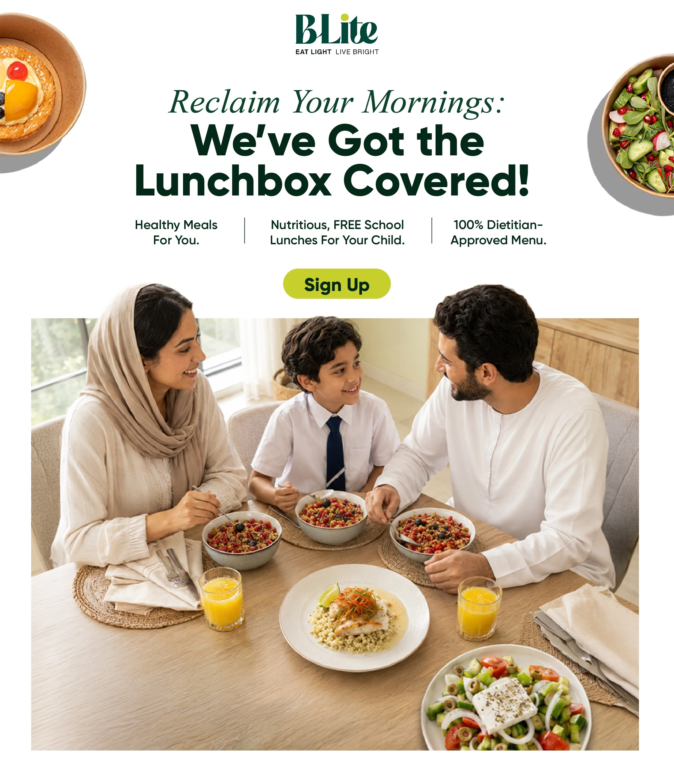 BLite Back to School — healthy meals for you and free school lunches for your child, with an Emirati family enjoying breakfast together