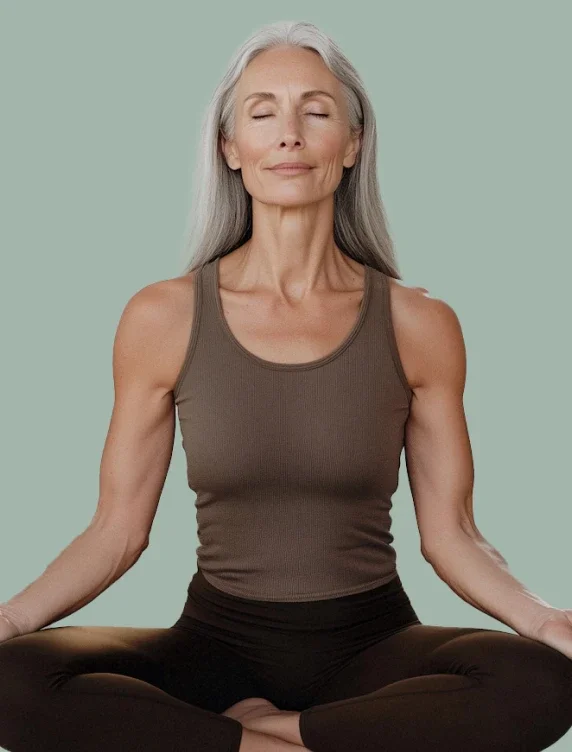 A calm woman with long silver hair meditating cross-legged with her eyes closed