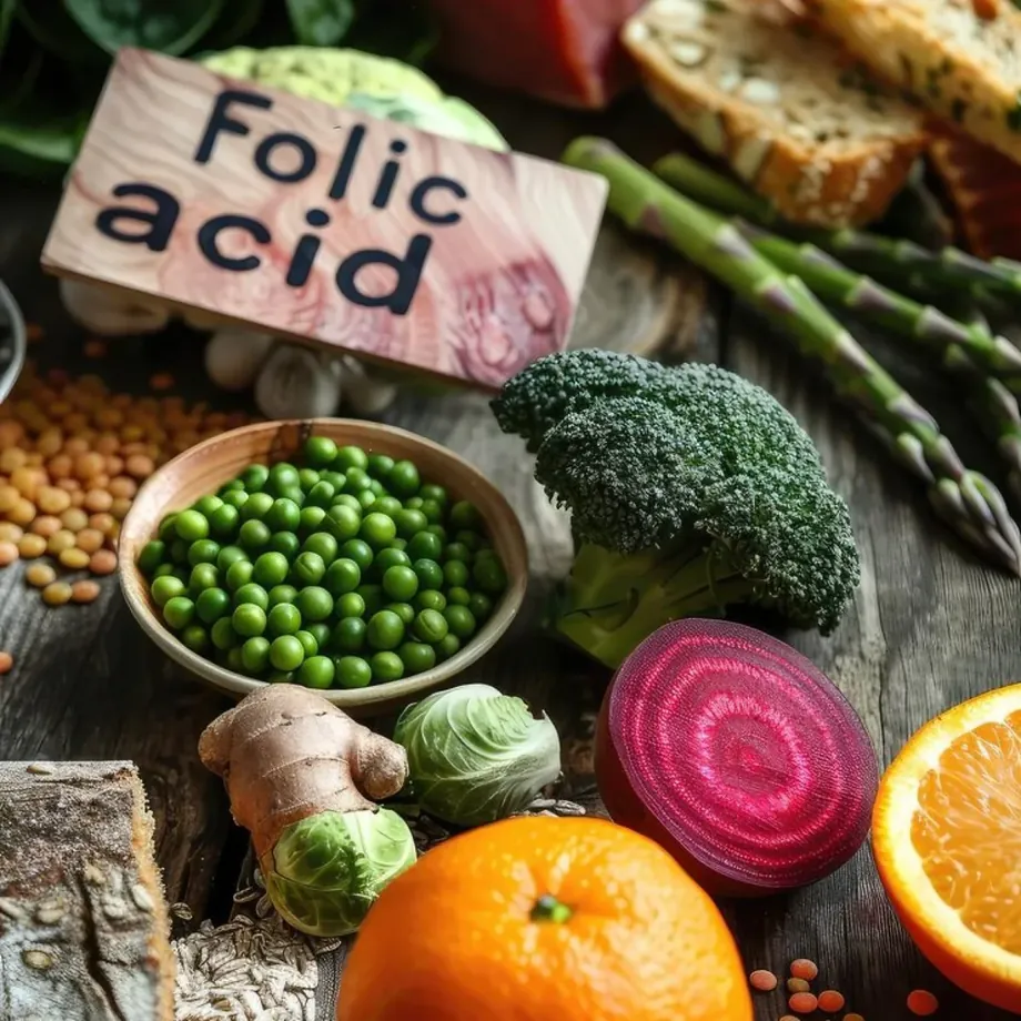 Fresh whole foods rich in folic acid: peas, lentils, broccoli, beetroot and oranges